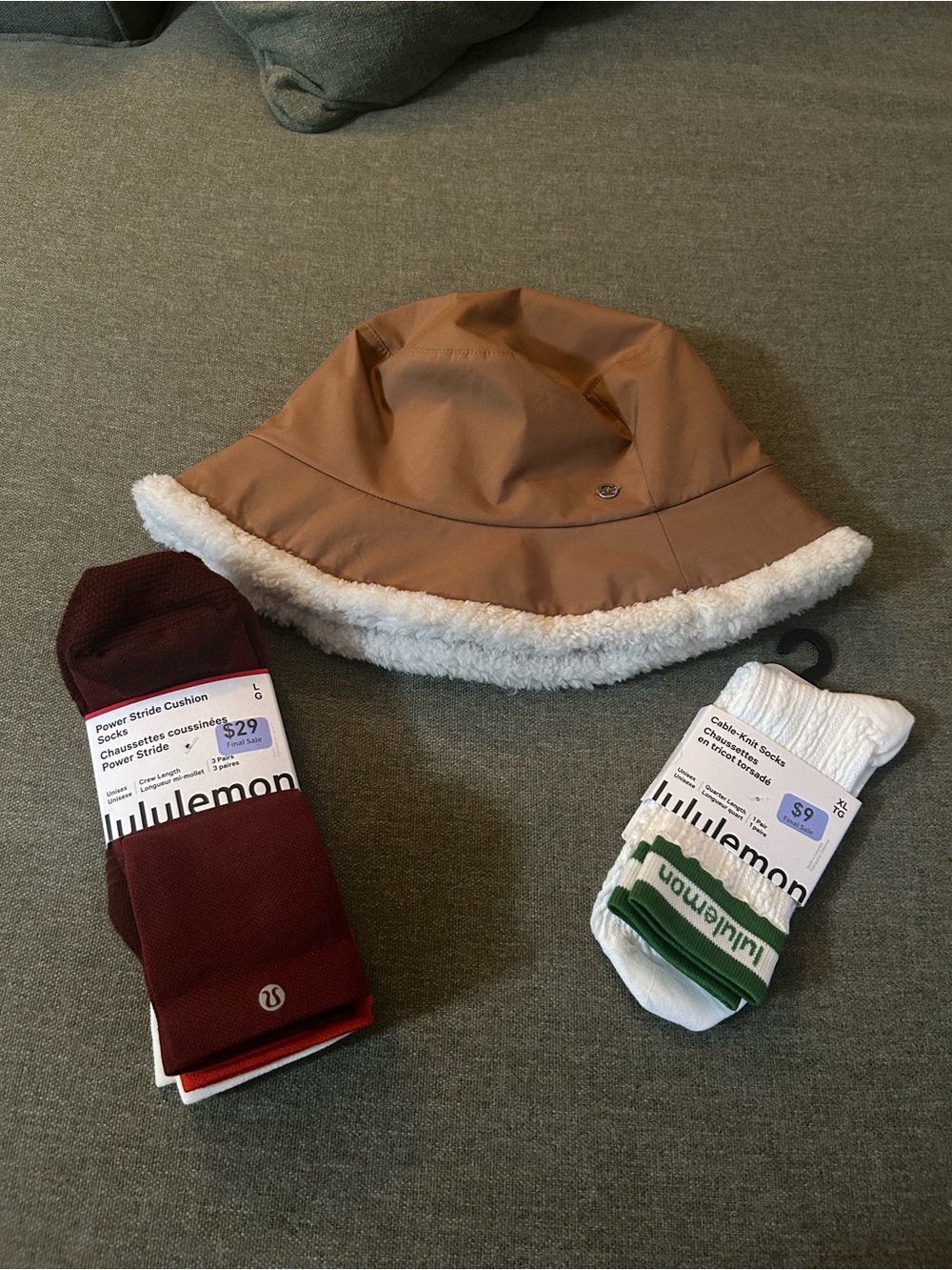 lululemon athletica Tan Bucket Hat with White Sherpa Trim and Socks Bundle